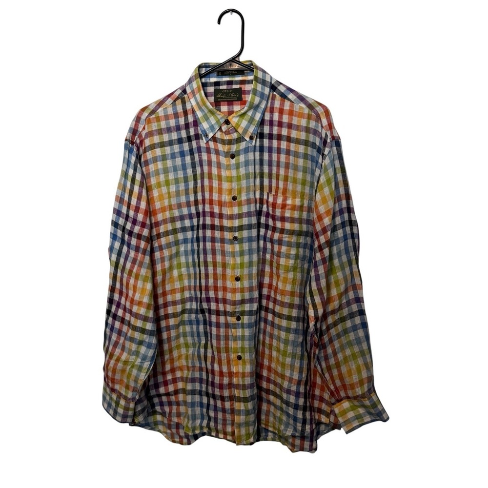 Orvis Shirt Mens Large Multicolor Gingham Plaid 100% Linen Signature Collection